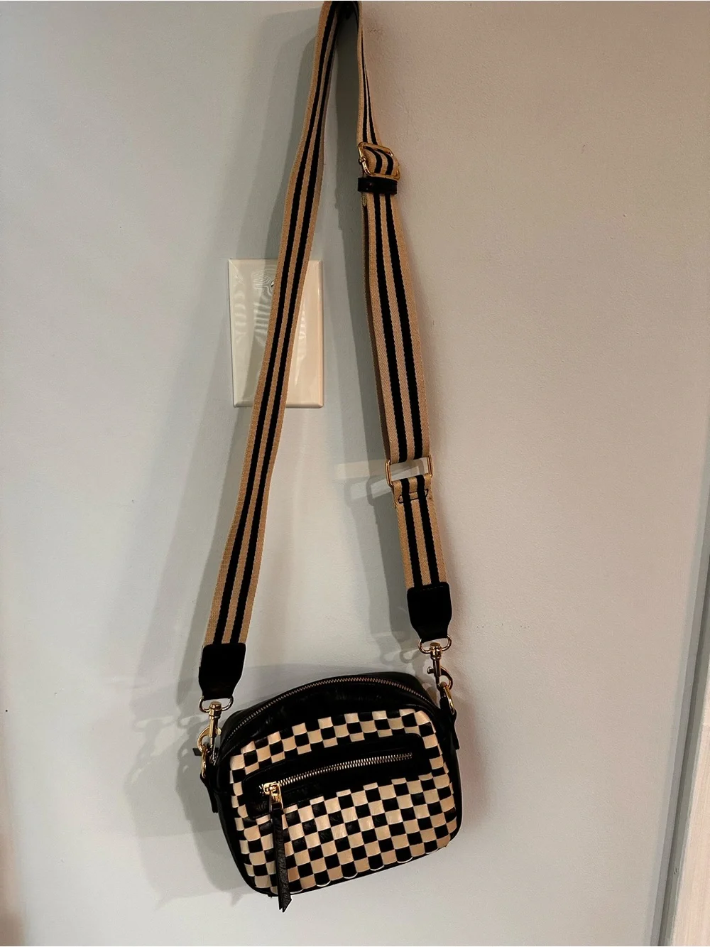 Striped Crossbody Bag with Checker Front Pocket - Black & Cream